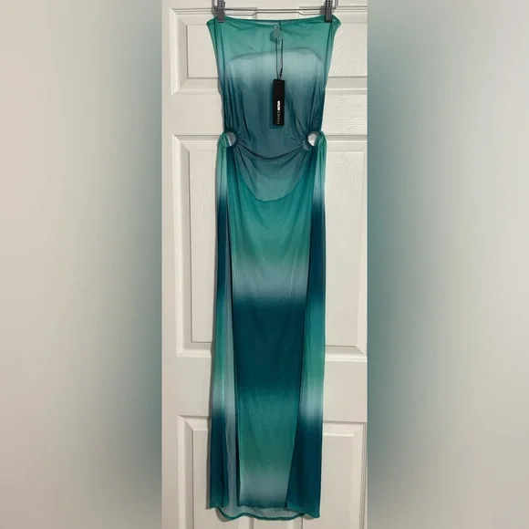 Sale!!! Fashion Nova Turquoise Sheer Slits Maxi Cover-Up - Picture 4 of 5